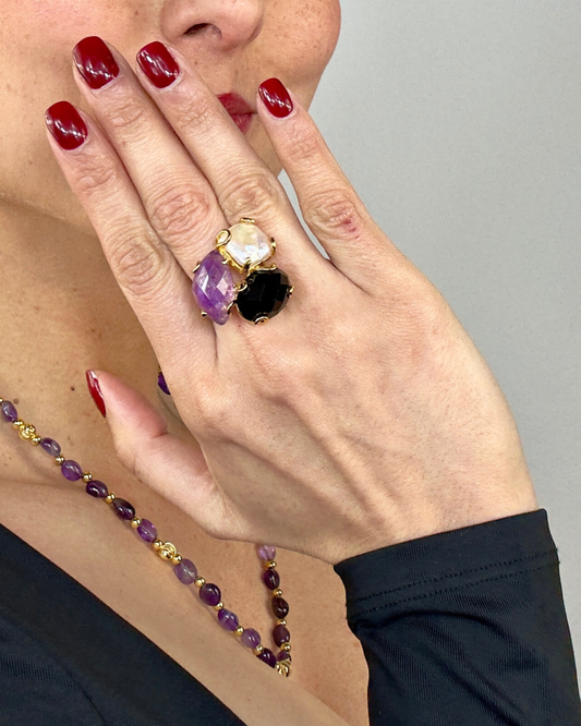 Anillo Triada Sagrada - Obsidiana + Amatista