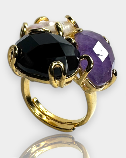 Anillo Triada Sagrada - Obsidiana + Amatista